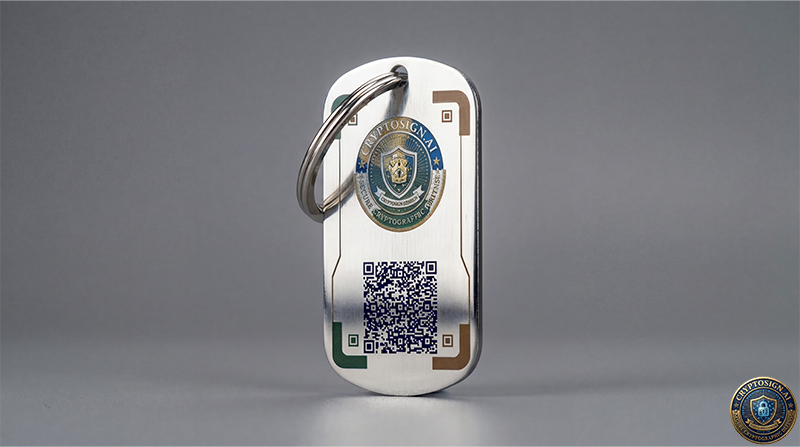 Metallic keychain with a QR code and emblem on a gray background