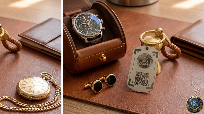 Collection of vintage-style jewelry including a watch, pocket watch, cufflinks, and keychain on a brown leather surface.
