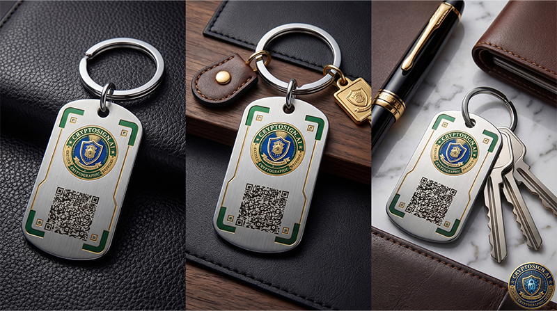 Keychain with QR code and emblem on a leather surface, pen, and wallet in the background.