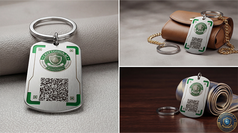 Keychain with QR code and logo on a gray surface, surrounded by leather bags.