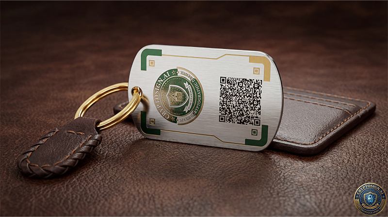 Metallic keychain tag with QR code on a brown leather surface