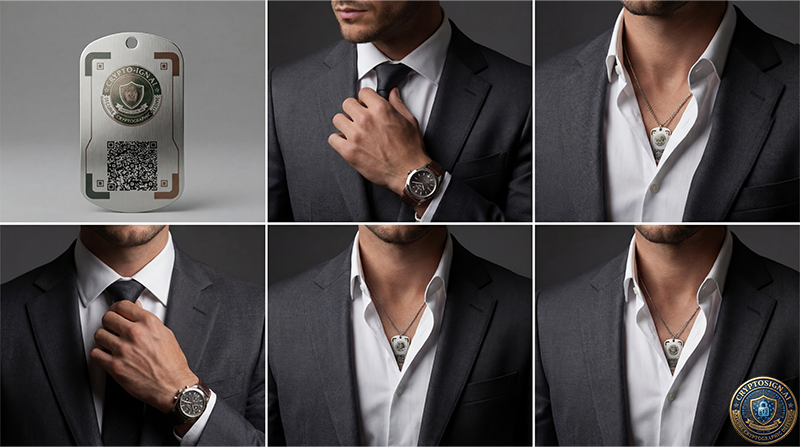 Collage of a man adjusting his tie with a focus on a security tag featuring a QR code.