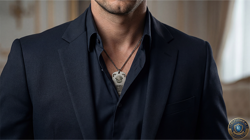Man wearing a dark suit and shirt with a necklace featuring a badge, blurred background