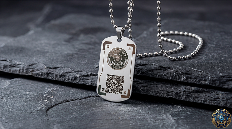 Silver dog tag with QR code on a dark stone surface