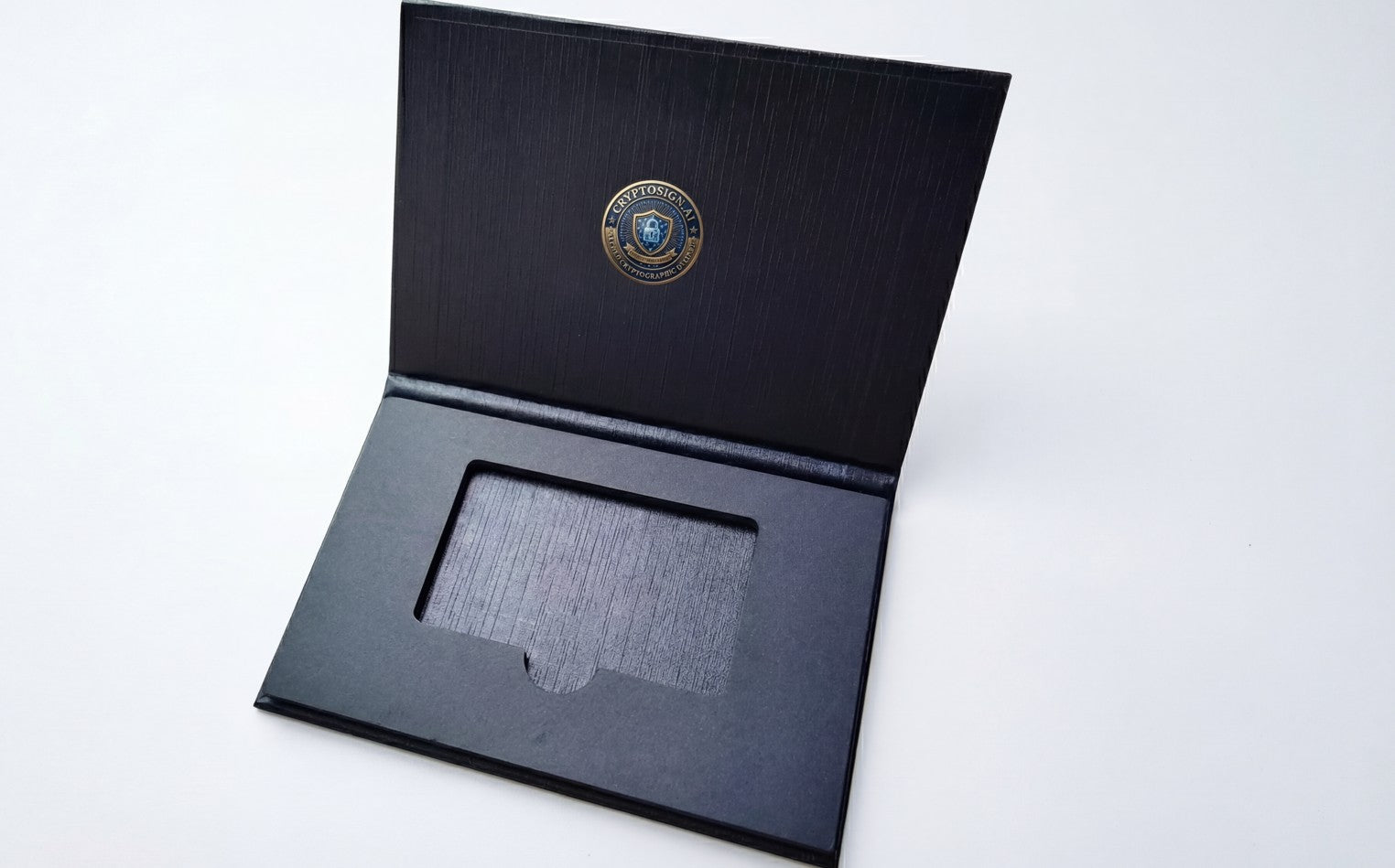 Black leather wallet with a logo on a white background