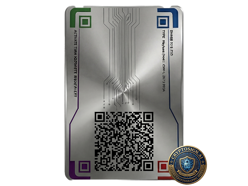 Metallic card with QR code and cryptographic logo on a white background