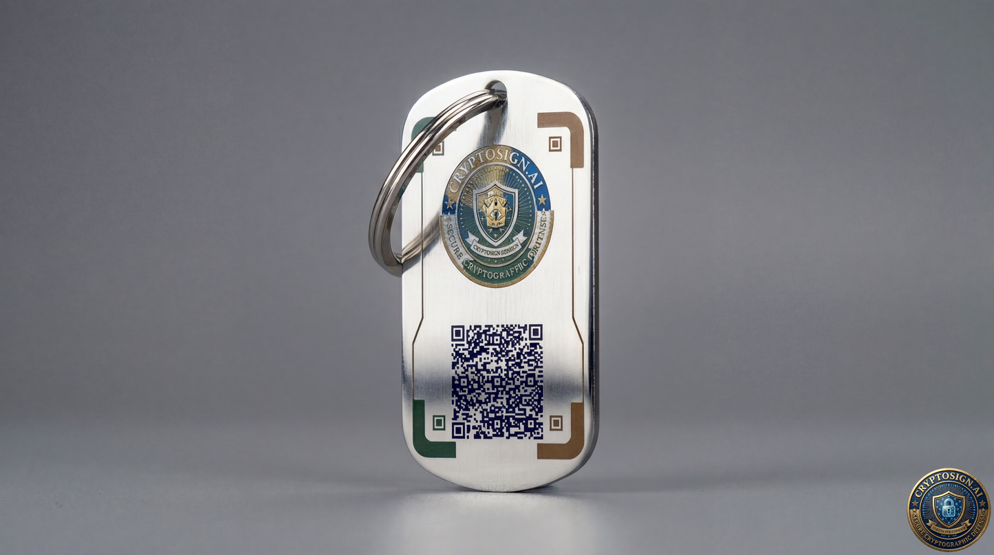 Metallic keychain with a QR code on a gray background