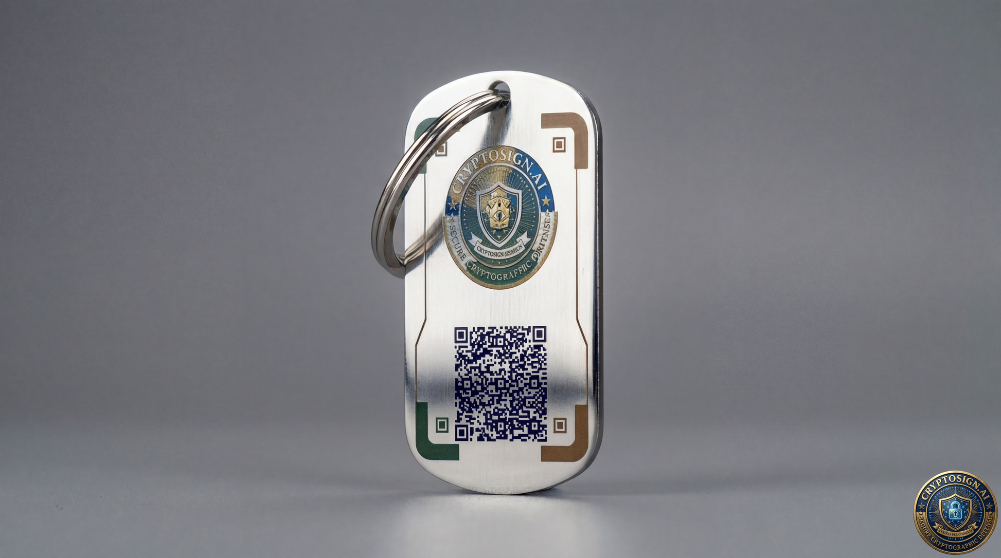 Metallic keychain with a QR code on a gray background
