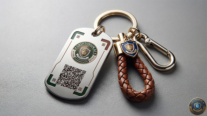 Keychain with QR code on a metallic surface