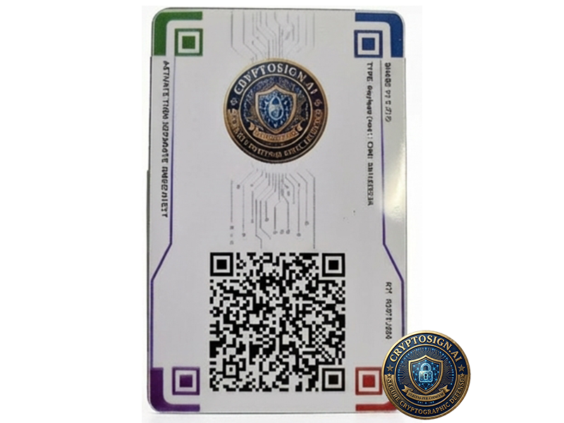 Card with a QR code and logo on a white background