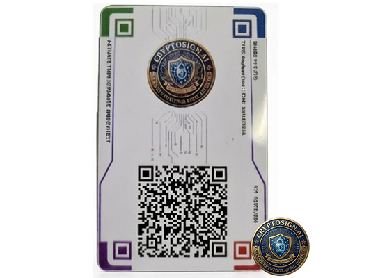 Card with a QR code and logo on a white background