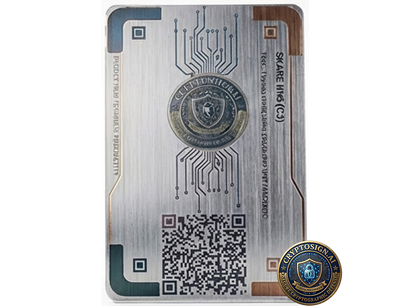 Metallic card with circuit design, QR code, and branding on a white background